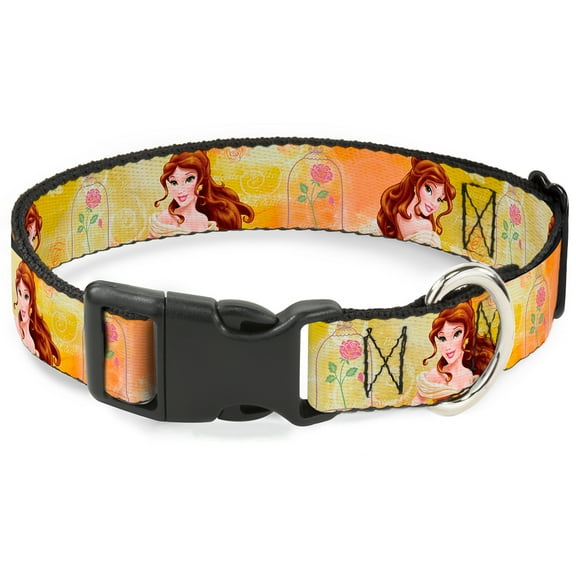 Disney Pet Collar, Dog Collar Plastic Buckle, Belle Poses Enchanted Rose Story Script Yellow Pinks, 15 to 24 Inches 1.0 Inch Wide