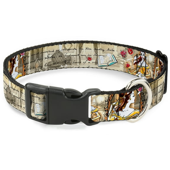 Disney Pet Collar, Dog Collar Plastic Buckle, Belle Sketch Poses Story Script, 13 to 17 Inches 1.5 Inch Wide