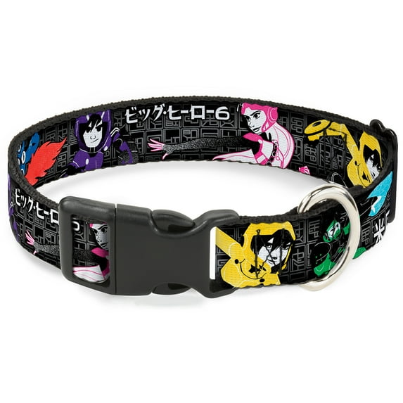 Disney Pet Collar, Dog Collar Plastic Buckle, Big Hero 6 Group Pose Name Blocks Black Gray Multi Color, 9.5 to 13 Inches 1.0 Inch Wide