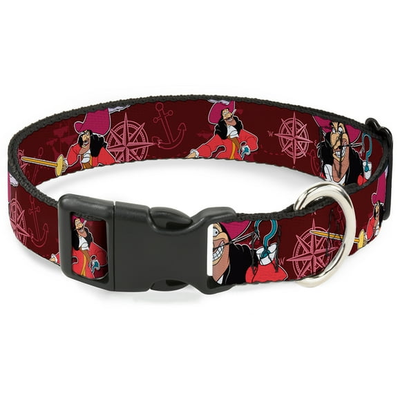 Disney Pet Collar, Dog Collar Plastic Buckle, Captain Hook Poses Nautical Elements Burgundy, 13 to 17 Inches 1.5 Inch Wide