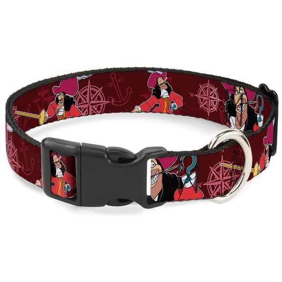 Disney Pet Collar, Dog Collar Plastic Buckle, Captain Hook Poses Nautical Elements Burgundy, 9.5 to 13 Inches 1.0 Inch Wide