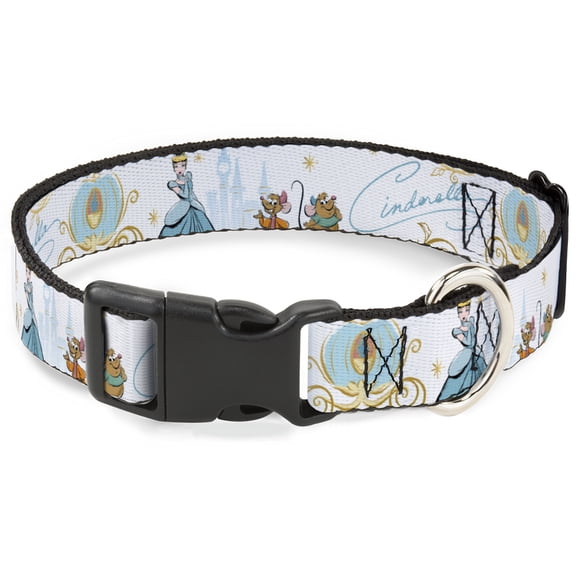 Disney Pet Collar, Dog Collar Plastic Buckle, Cinderella Pumpkin Coach and Mice Pose with Script Blues, 15 to 24 Inches 1.0 Inch Wide