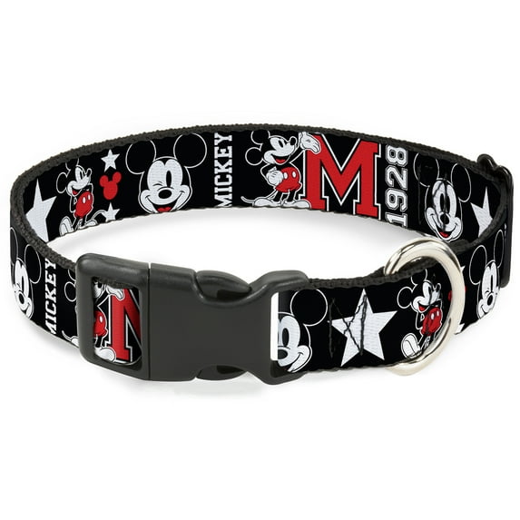 Disney Pet Collar, Dog Collar Plastic Buckle, Classic Mickey Mouse 1928 Collage Black White Red, 8.5 to 12 Inches 0.5 Inch Wide