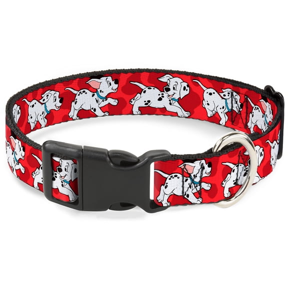 Disney Pet Collar, Dog Collar Plastic Buckle, Dalmatians Running Paws Reds White Black, 15 to 24 Inches 1.0 Inch Wide