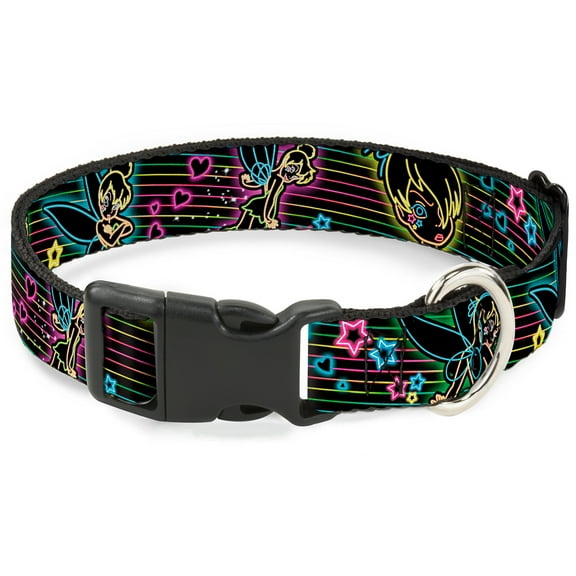 Disney Pet Collar, Dog Collar Plastic Buckle, Electric Tinkerbell Poses Stripes Black Multi Neon, 15 to 24 Inches 1.0 Inch Wide