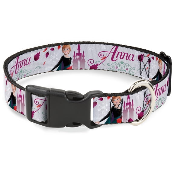 Disney Pet Collar, Dog Collar Plastic Buckle, Frozen Anna Castle Pose with Flowers and Script Grays Pinks, 11 to 16.5 Inches 1.0 Inch Wide
