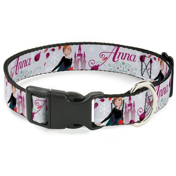 Disney Pet Collar, Dog Collar Plastic Buckle, Frozen Anna Castle Pose with Flowers and Script Grays Pinks, 16 to 23 Inches 1.5 Inch Wide