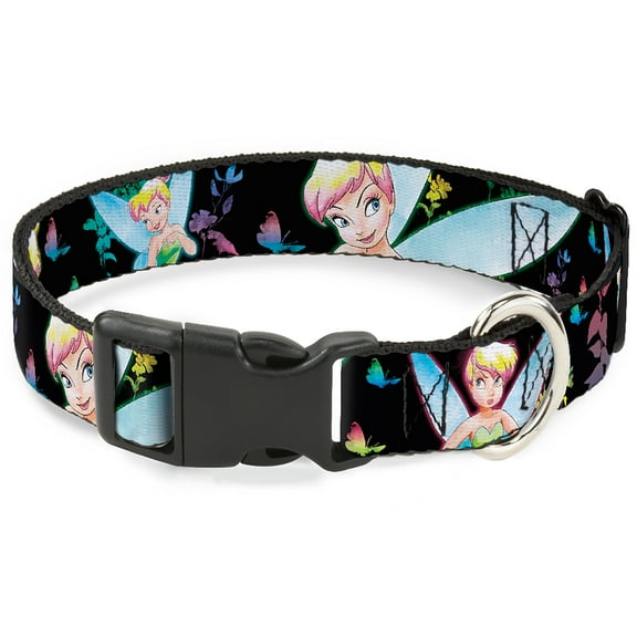 Disney Pet Collar, Dog Collar Plastic Buckle, Glowing Tinker Bell Butterflies Flowers Black Multi Neon, 15 to 24 Inches 1.0 Inch Wide