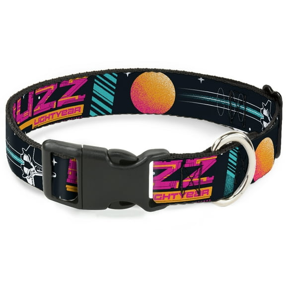 Disney Pet Collar, Dog Collar Plastic Buckle, Lightyear Mission Patches Collage Black Multi Color, 7 to 8.5 Inches 0.5 Inch Wide