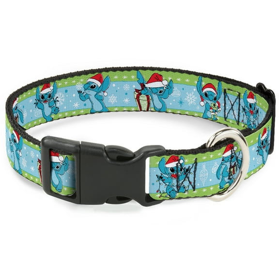 Disney Pet Collar, Dog Collar Plastic Buckle, Lilo and Stitch Holiday Stitch and Scrump Poses Stripe, 7 to 8.5 Inches 0.5 Inch Wide