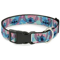 Disney Pet Collar, Dog Collar Plastic Buckle, Lilo and Stitch Stitch Expressions and Flowers Blues Pinks, 7 to 8.5 Inches 0.5 Inch Wide