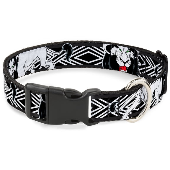 Disney Pet Collar, Dog Collar Plastic Buckle, Lion King Scar Poses White Black, 9.5 to 14.5 Inches 0.5 Inch Wide