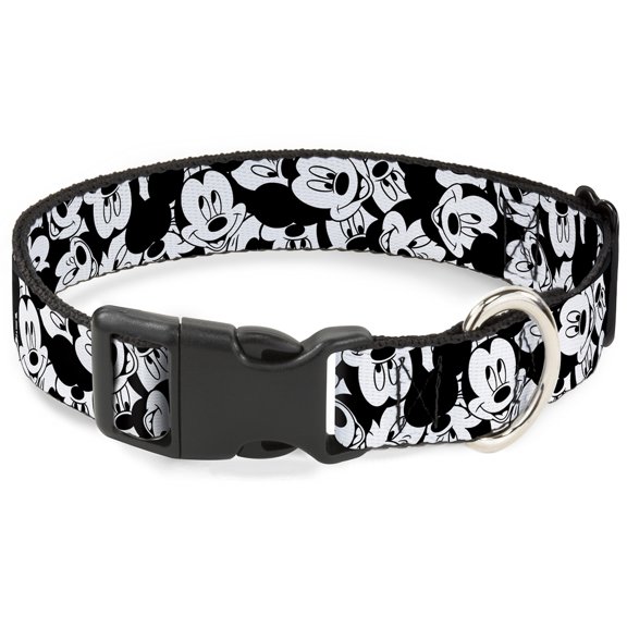 Disney Pet Collar, Dog Collar Plastic Buckle, Mickey Mouse Expressions Stacked White Black, 7 to 8.5 Inches 0.5 Inch Wide