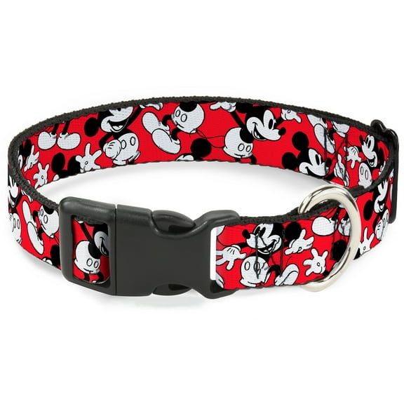 Disney Pet Collar, Dog Collar Plastic Buckle, Mickey Mouse Poses Scattered Red Black White, 13 to 17 Inches 1.5 Inch Wide