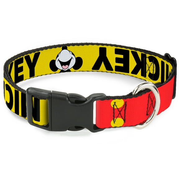 Disney Pet Collar, Dog Collar Plastic Buckle, Mickey Smiling Up Pose Flip Buttons Yellow Black Red, 7 to 8.5 Inches 0.5 Inch Wide