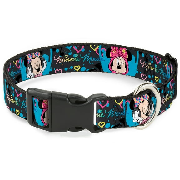Disney Pet Collar, Dog Collar Plastic Buckle, Minnie Mouse Hoody Headphone Poses Gray Multi Color, 9.5 to 13 Inches 1.0 Inch Wide