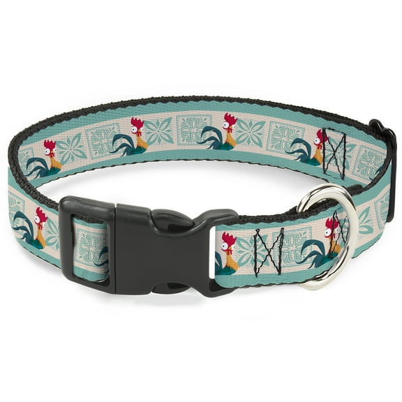 Disney Pet Collar, Dog Collar Plastic Buckle, Moana Hei Hei the Rooster and Icon Blocks White Light Green, 7 to 8.5 Inches 0.5 Inch Wide