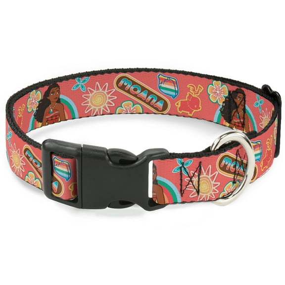 Disney Pet Collar, Dog Collar Plastic Buckle, Moana Pose and Icons Collage Pink, 7 to 8.5 Inches 0.5 Inch Wide