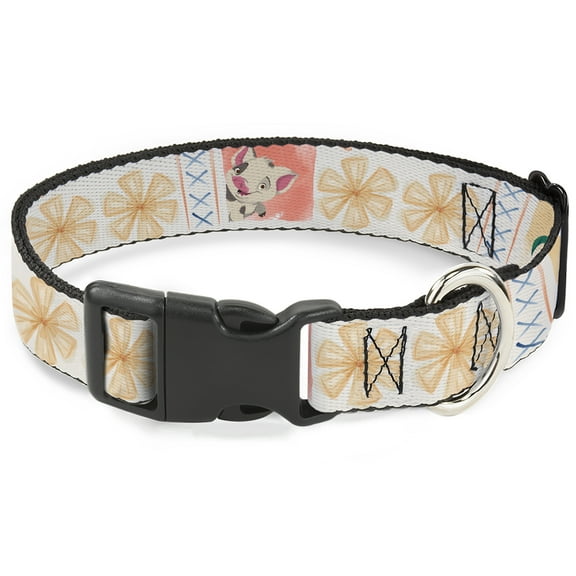 Disney Pet Collar, Dog Collar Plastic Buckle, Moana Pua and Hei Hei Pose Blocks White Multi Color, 7 to 8.5 Inches 0.5 Inch Wide