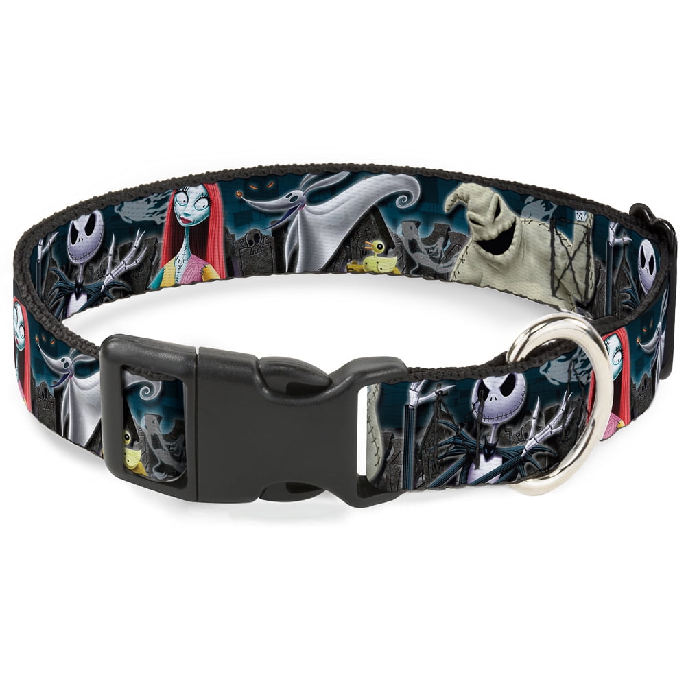 Disney Pet Collar, Dog Collar Plastic Buckle, Nightmare Before Christmas Character Group Cemetery Scene, 11 to 16.5 Inches 1.0 Inch Wide