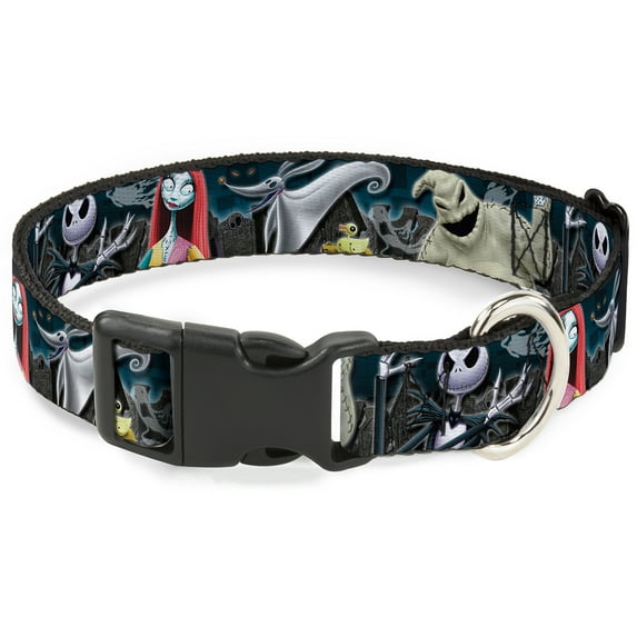 Disney Pet Collar, Dog Collar Plastic Buckle, Nightmare Before Christmas Character Group Cemetery Scene, 20 to 31 Inches 1.5 Inch Wide