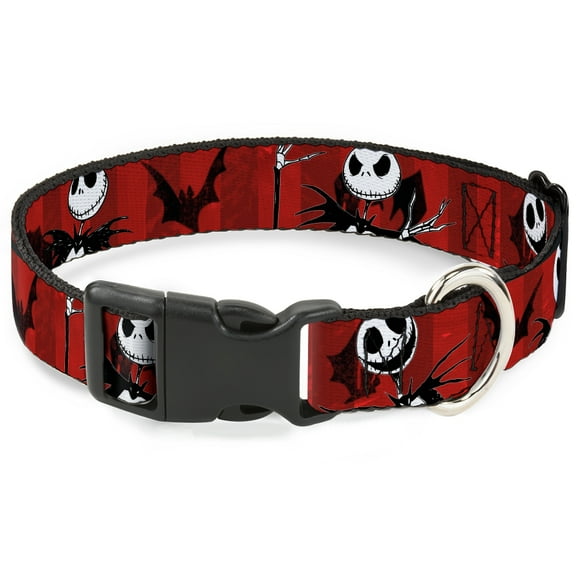 Disney Pet Collar, Dog Collar Plastic Buckle, Nightmare Before Christmas Jack Poses Bats Red Stripe, 7 to 8.5 Inches 0.5 Inch Wide