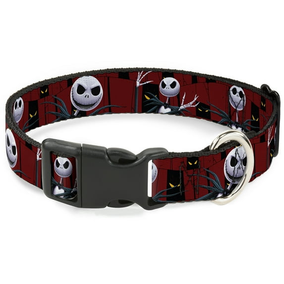 Disney Pet Collar, Dog Collar Plastic Buckle, Nightmare Before Christmas Jack Poses Peeping Eyes Burgundy, 9.5 to 14.5 Inches 0.5 Inch Wide