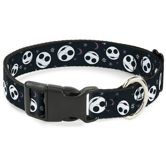 Disney Pet Collar, Dog Collar Plastic Buckle, Nightmare Before Christmas Smiling Jack Moon and Stars Black, 7 to 8.5 Inches 0.5 Inch Wide