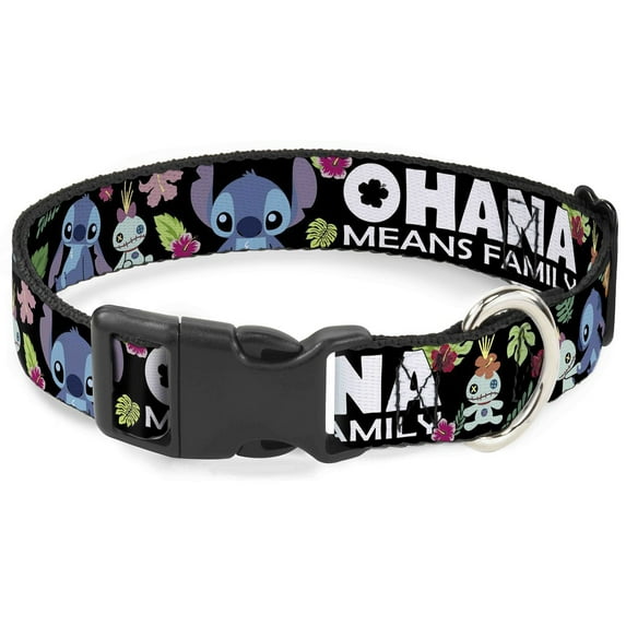 Disney Pet Collar, Dog Collar Plastic Buckle, Ohana Means Family Stitch Scrump Poses Tropical Flora Black, 20 to 31 Inches 1.5 Inch Wide