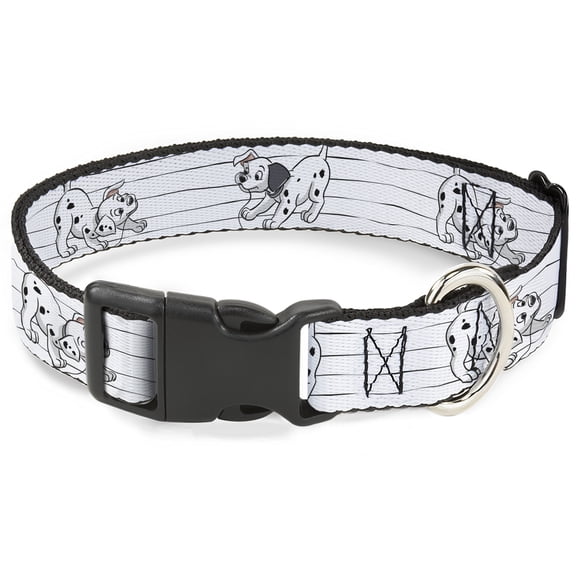 Disney Pet Collar, Dog Collar Plastic Buckle, One Hundred and One Dalmatians Puppies Playing White Black, 9.5 to 14.5 Inches 0.5 Inch Wide