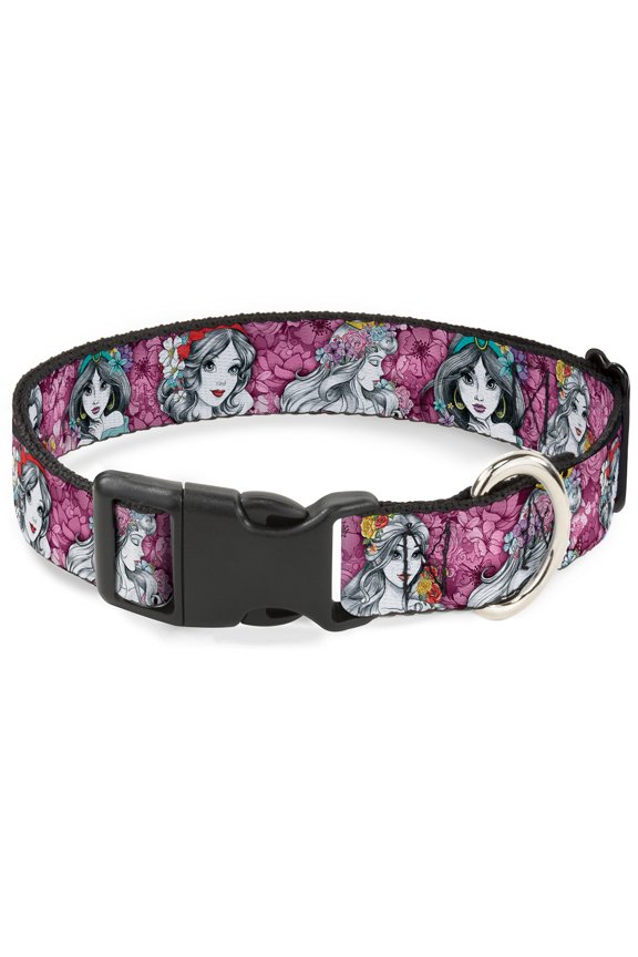 Disney Pet Collar, Dog Collar Plastic Buckle, Princess Sketch Poses Floral Collage Pinks Grays, 13 to 17 Inches 1.5 Inch Wide