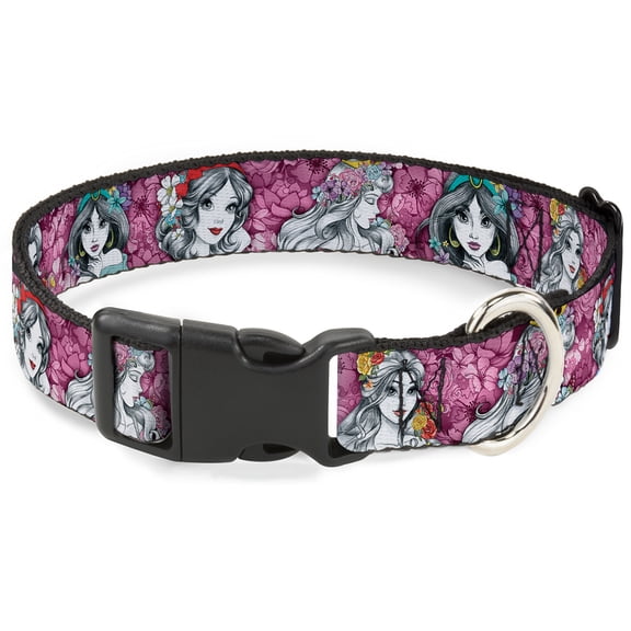 Disney Pet Collar, Dog Collar Plastic Buckle, Princess Sketch Poses Floral Collage Pinks Grays, 9.5 to 13 Inches 1.0 Inch Wide