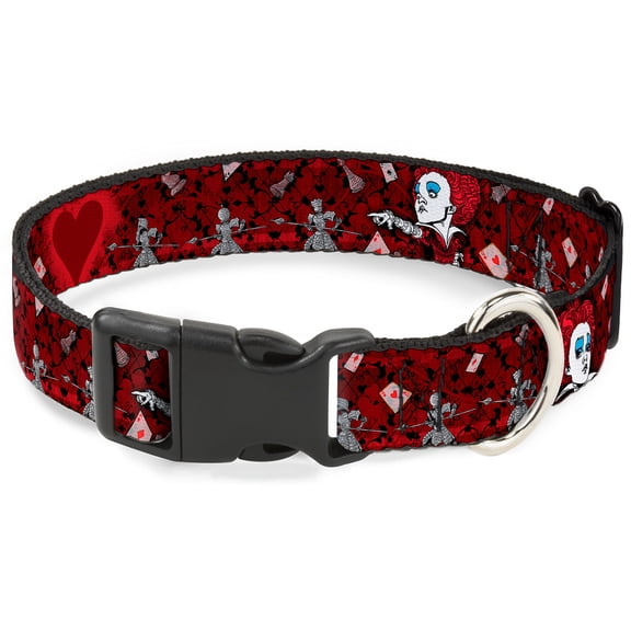 Disney Pet Collar, Dog Collar Plastic Buckle, Queen of Hearts Poses Hearts Cards Reds Black, 11 to 16.5 Inches 1.0 Inch Wide