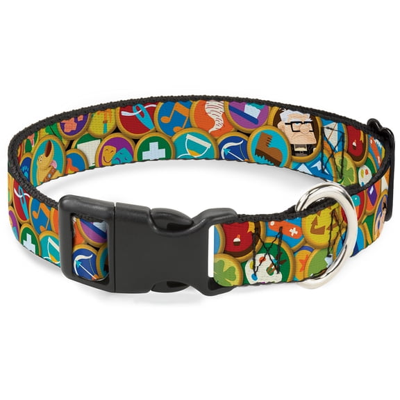 Disney Pet Collar, Dog Collar Plastic Buckle, Stacked Wilderness Explorers Badges, 7 to 8.5 Inches 0.5 Inch Wide