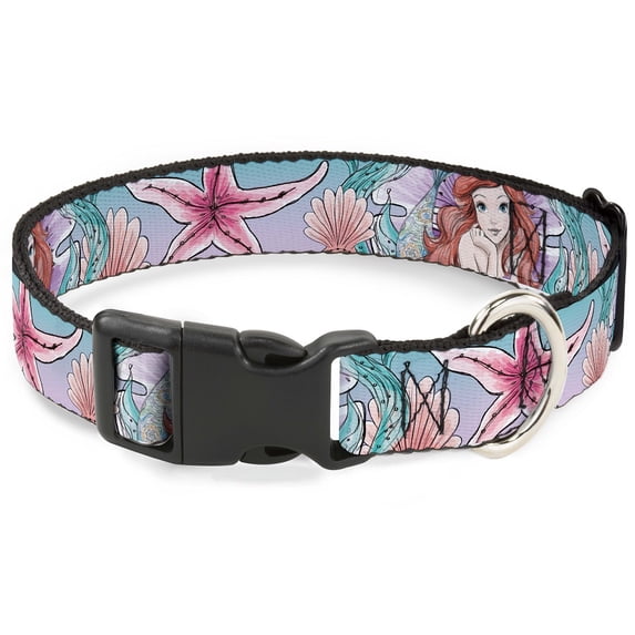 Disney Pet Collar, Dog Collar Plastic Buckle, The Little Mermaid Ariel Sketch Pose Shells Kelp Blues Pinks, 20 to 31 Inches 1.5 Inch Wide