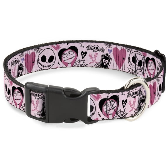 Disney Pet Collar, Dog Collar Plastic Buckle, The Nightmare Before Christmas Jack and Sally Doodles Pink, 13 to 17 Inches 1.5 Inch Wide