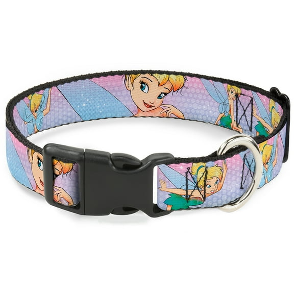 Disney Pet Collar, Dog Collar Plastic Buckle, Tinker Bell Poses Purple Pink Fade, 15 to 24 Inches 1.0 Inch Wide