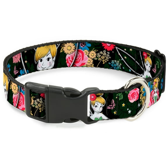 Disney Pet Collar, Dog Collar Plastic Buckle, Tinker Bell Poses Sleeping Floral Collage, 11 to 16.5 Inches 1.0 Inch Wide