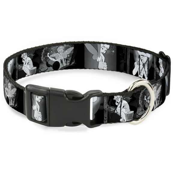 Disney Pet Collar, Dog Collar Plastic Buckle, Tinker Bell Scenes Black White, 15 to 24 Inches 1.0 Inch Wide
