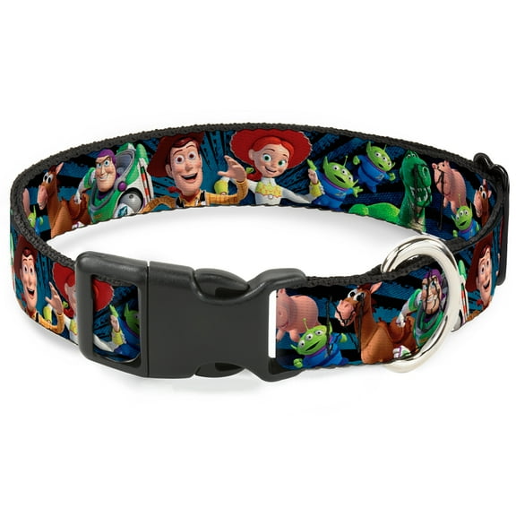 Disney Pet Collar, Dog Collar Plastic Buckle, Toy Story Characters Running Denim Rays, 7 to 8.5 Inches 0.5 Inch Wide