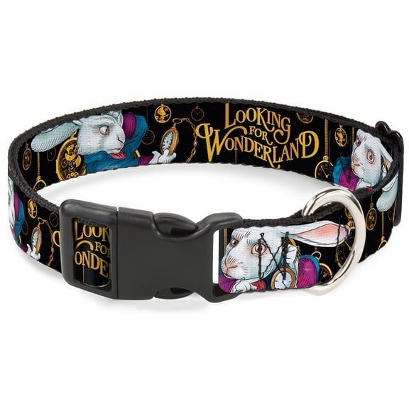 Disney Pet Collar, Dog Collar Plastic Buckle, White Rabbit Poses Looking For Wonderland Clocks Black Golds, 11 to 16.5 Inches 1.0 Inch Wide