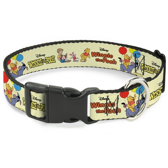 Disney Pet Collar, Dog Collar Plastic Buckle, Winnie the Pooh and Friends Poses and Title Logos Yellow, 7 to 8.5 Inches 0.5 Inch Wide