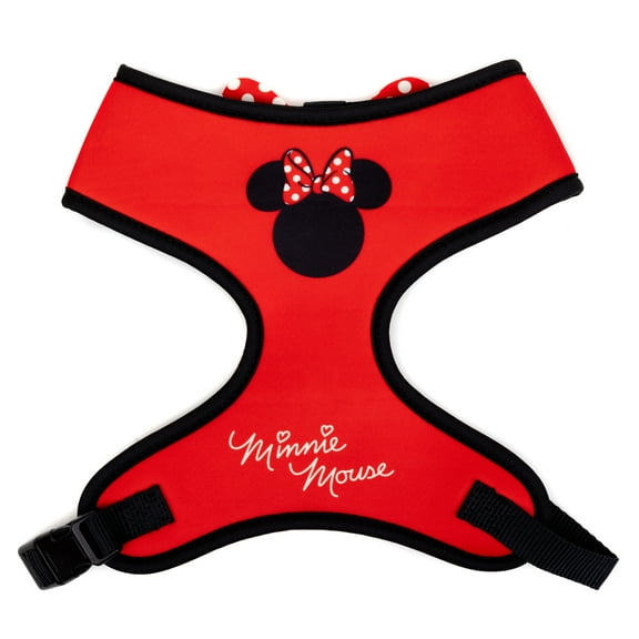 Disney Pet Harness, Dog Collar Plastic Buckle, Minnie Mouse Ears Icon with Bow Applique Polka Dot Red White, Fits dog with 12" neck size and 17-21" chest girth.