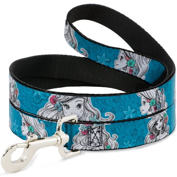 Disney Pet Leash, Dog Leash, Ariel Poses Shells Sketch Blue White, 6 Feet Long 1.0 Inch Wide