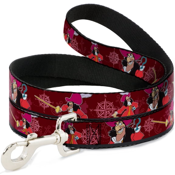 Disney Pet Leash, Dog Leash, Captain Hook Poses Nautical Elements Burgundy, 4 Feet Long 1.0 Inch Wide