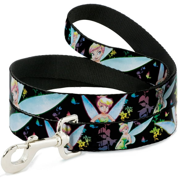 Disney Pet Leash, Dog Leash, Glowing Tinker Bell Butterflies Flowers Black Multi Neon, 4 Feet Long 1.0 Inch Wide