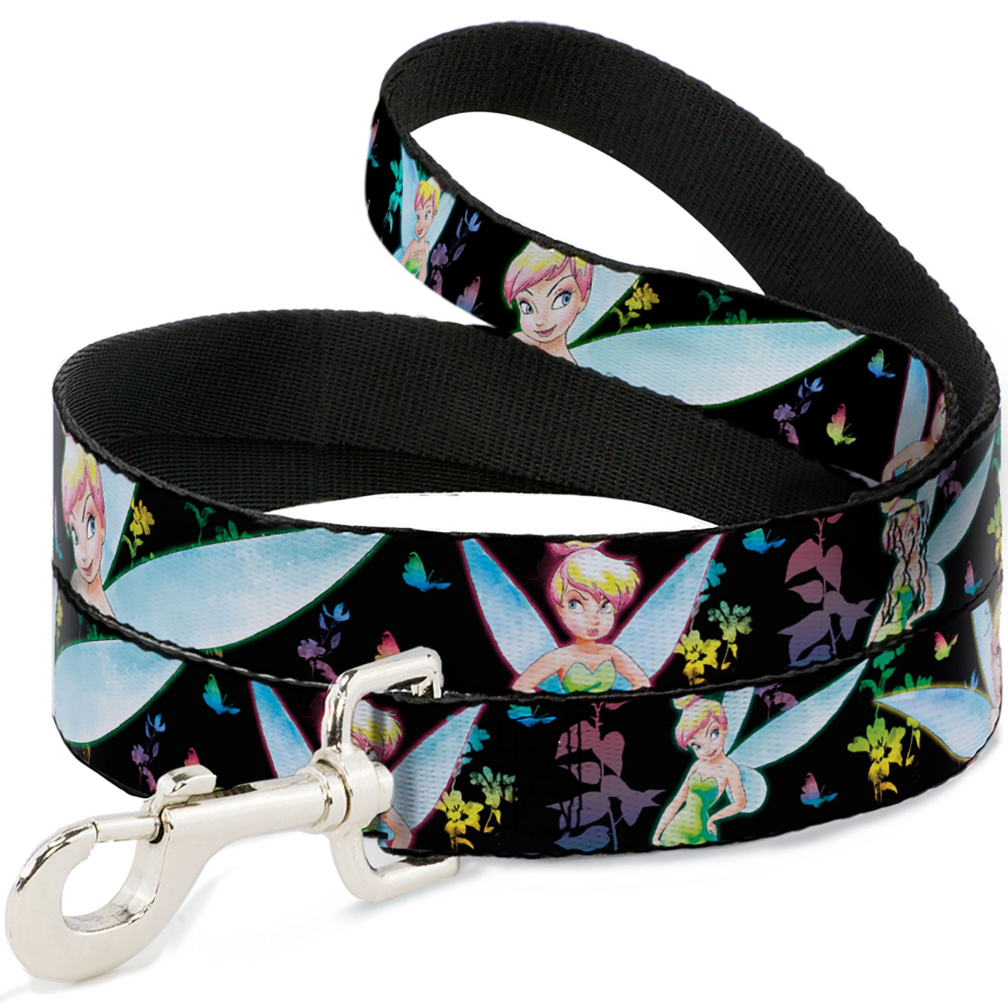 Disney Pet Leash, Dog Leash, Glowing Tinker Bell Butterflies Flowers Black Multi Neon, 6 Feet Long 1.0 Inch Wide