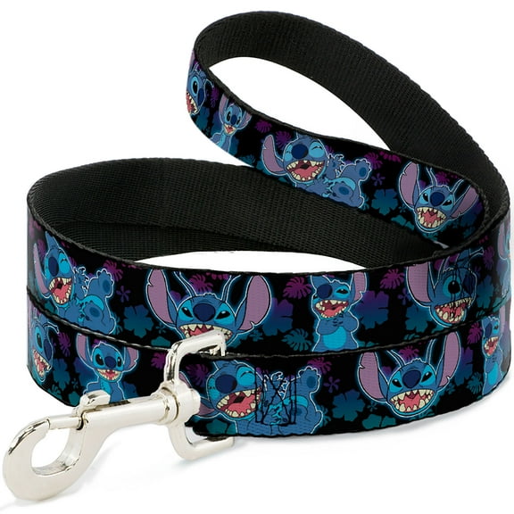 Disney Pet Leash, Dog Leash, Stitch Expressions and Poses Tropical Black Purple Blue Fade, 4 Feet Long 1.0 Inch Wide
