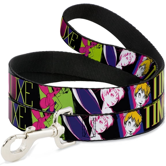 Disney Pet Leash, Dog Leash, Tinker Bell Luxe Sketch Black Multi Neon, 4 Feet Long 1.0 Inch Wide