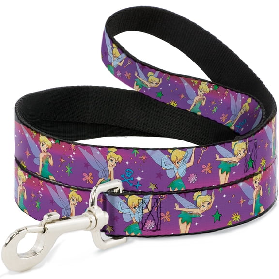 Disney Pet Leash, Dog Leash, Tinker Bell Poses Flowers Stars Skull Purple, 4 Feet Long 1.0 Inch Wide